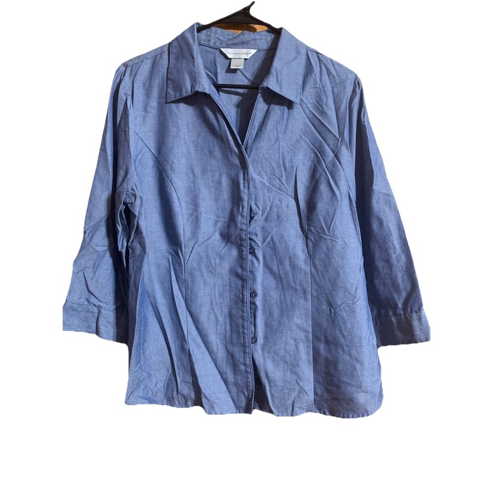Women's Christopher & Banks Fitted Blue Top Shirt 3/4 Sleeves L Button Up
